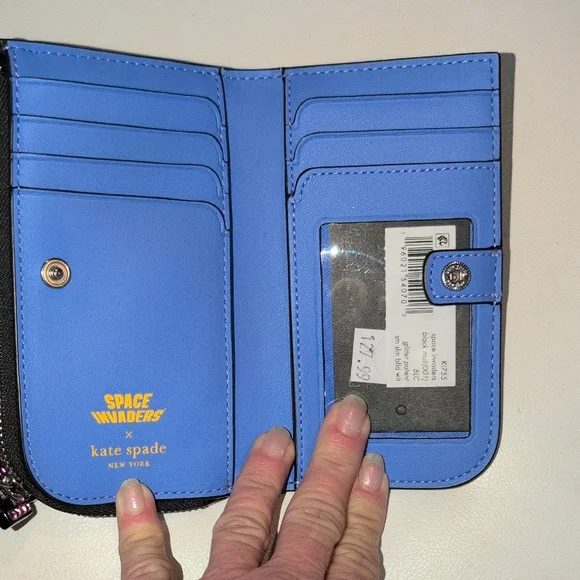 Kate Spade Black Glitter Space Invaders Wallet with Purple Zipper Pull